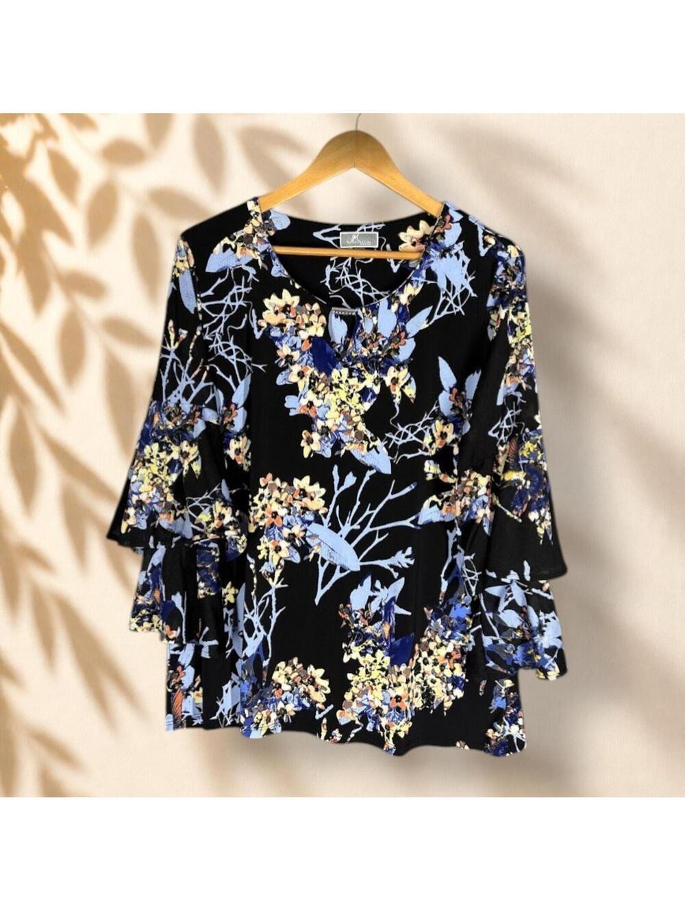 JM Collection Blouse Women 0X Plus Black Floral 3/4 Sleeve Round Neck Casual
